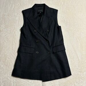 Banana Republic Womens Palma Linen Long Vest Size 4 Black V Neck Double Breasted